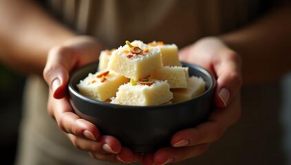 Cinematic close-up shot of two gentle hands holding a matte black ceramic bowl filled with freshly made coconut barfi garnished with slivers of almonds and pistachios