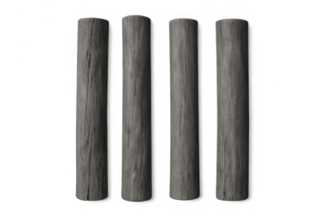 Weathered wooden posts displaying rustic grey timber poles and natural cracked wood texture on transparent background