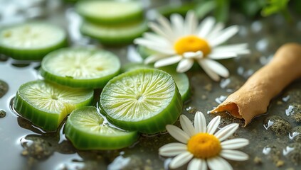 Refreshing Cucumber Slices and Chamomile Flowers on a Wet Stone Surface, Symbolizing Natural Wellness and Spa Relaxation