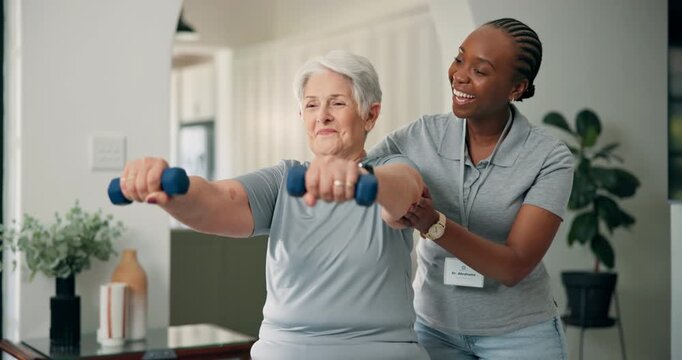 Physiotherapist, old woman and dumbbells with smile, strength training and support at retirement home. People, elderly patient and weightlifting with guide, muscle development and rehabilitation