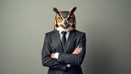 Confident individual in an expressive owl mask and sharp business attire, arms crossed, symbolizing intelligence, strategy, and a distinctive corporate presence