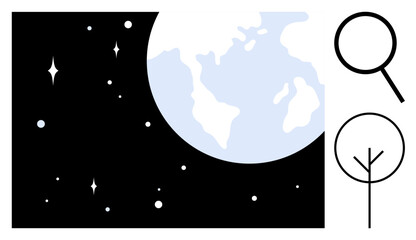 Earth in outer space surrounded by stars, magnifying glass, and tree growth graphic emphasizing exploration, environmental focus, and sustainability. Ideal for education, science, ecology, discovery © robu_s