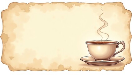Charming vintage parchment scroll illustration background with a steaming teacup or coffee cup, offering a perfect blank canvas for custom text
