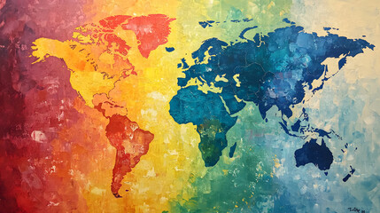Vibrant rainbow world map on textured background for global business