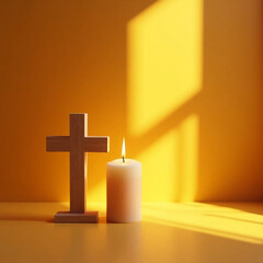 Title: Divine Radiance: Wooden Cross and Sacred Candlelight