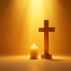 Title: Divine Radiance: Wooden Cross and Sacred Candlelight