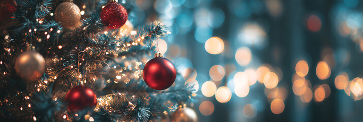 Beautiful Christmas Tree With Baubles And Blurred Shiny Lights