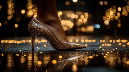Sparkly gold high heels reflecting city lights at night