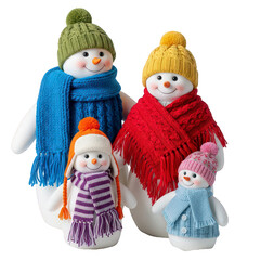 Adorable snowman family in colorful winter clothing standing together