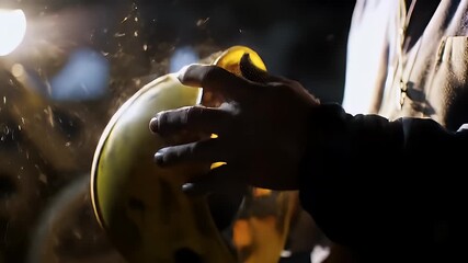 Close-up of hands working with a tool, creating sparks in a dimly lit environment.