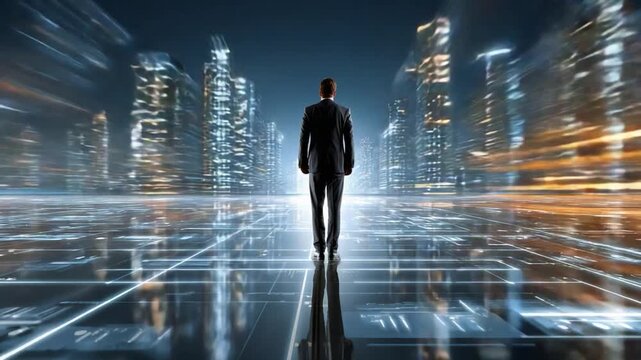 Visionary Stride: A silhouette of a confident individual stands at the forefront of a futuristic cityscape, their gaze fixed on the horizon, embodying ambition and progress.