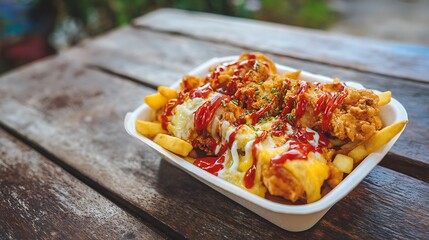 Yaroa with french fries topped with fried chicken, melted cheese, ketchup, and mayonnaise. Delicious Dominican street food served in a takeaway container on a wooden table. Hearty.