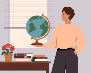 The image features a person proudly holding a globe, symbolizing knowledge and exploration, with elements like books and a plant, portraying an engaging learning environment. © Emily