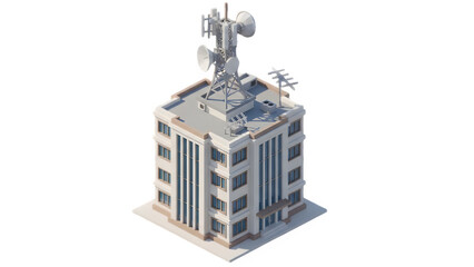 Isometric view of a telecommunications building with antennas and satellite dishes