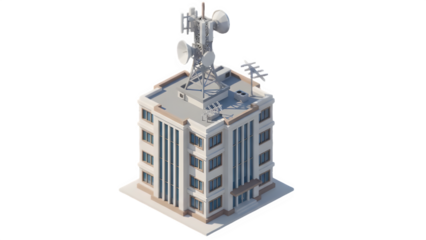 Isometric view of a telecommunications building with antennas and satellite dishes
