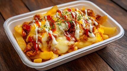 Yaroa with french fries topped with fried chicken, melted cheese, ketchup, and mayonnaise. Delicious Dominican street food served in a takeaway container on a wooden table. Hearty.