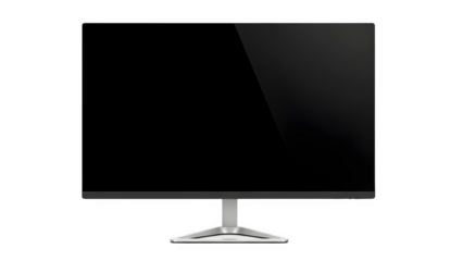 Sleek modern computer monitor with a black screen on a silver stand, isolated