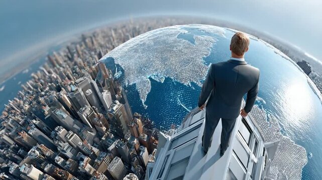 Global Vision: An executive surveys the world from a rooftop, embodying global business acumen and strategic foresight. Capturing the vision of growth and development.