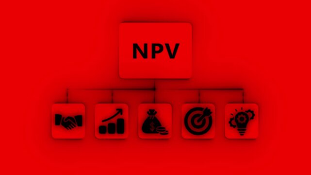 Net Present Value NPV concept diagram with business icons on red background finance