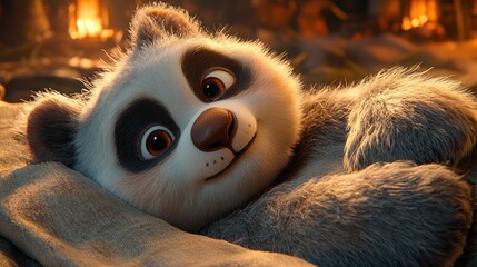 Adorable cartoon panda cub resting peacefully in warm light