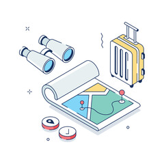 Isometric travel navigation illustration with map, compass, and binoculars