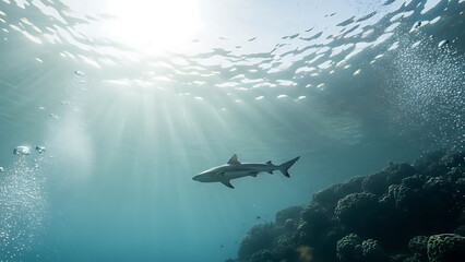 Naklejka premium Graceful Shark Swimming in Clear Ocean Water Near Coral Reef Under Sunlight