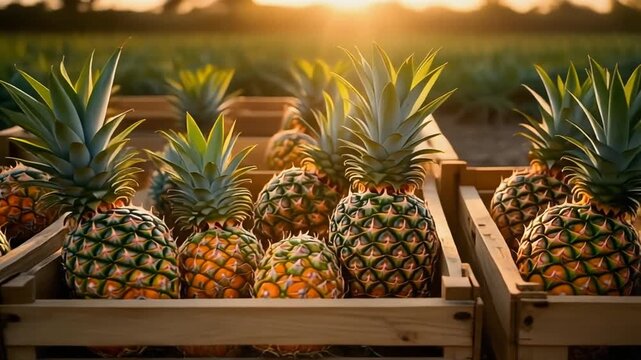 Sunny market display of fresh pineapples arranged in wooden crates during golden hour.