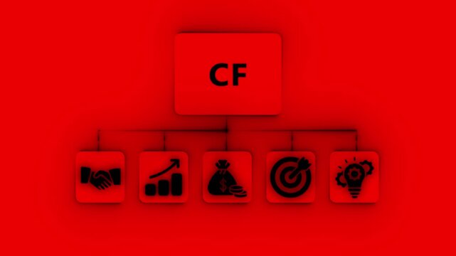 Cash Flow CF concept diagram with business icons on red background finance