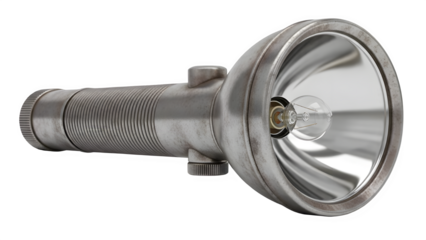 Vintage metal flashlight with exposed bulb, old and rusty