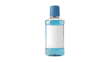 Bottle of blue mouthwash with blank label and blue cap