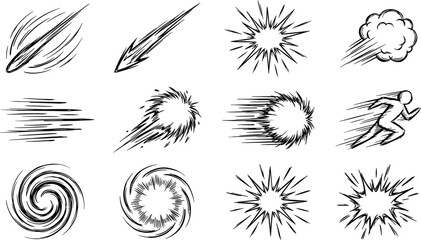 Comic speed lines and action effects cad drawing flat vector illustration with motion blasts dynamic graphic elements