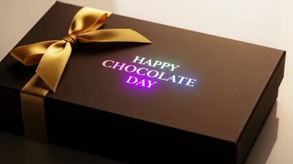 Brown gift box with gold ribbon and happy chocolate day text on top