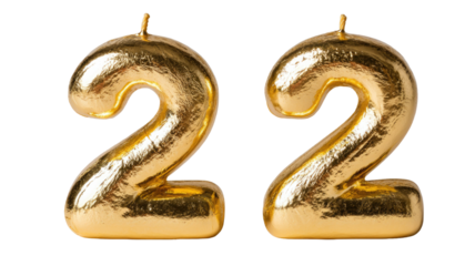 golden number 22 with candle pair metallic birthday anniversary celebration decoration isolated on white background