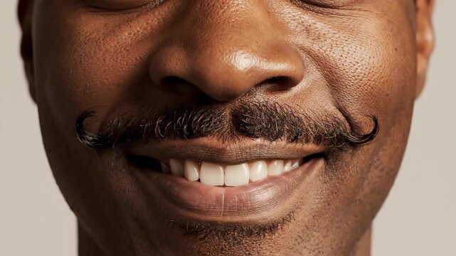 Closeup of a mans face featuring a prominent styled mustache and a smile revealing clean teeth