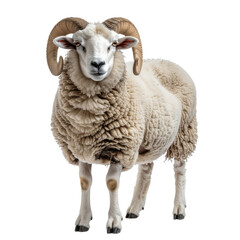 Fototapeta premium Detailed Portrait of a Fluffy White Sheep with Curved Horns on a Transparent Background