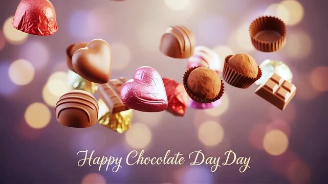Assorted chocolates floating in midair with bokeh lights background