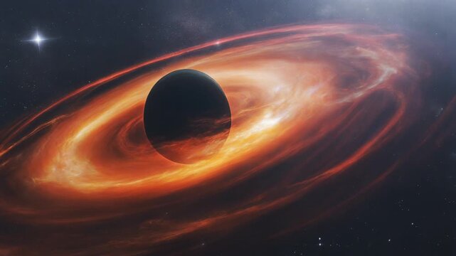 Cosmic black hole with glowing accretion disk and distant stars in deep space