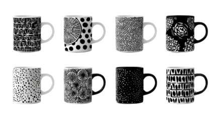  colorful ceramic coffee mugs with abstract pattern with handles isolated on a white background for a cafe kitchen