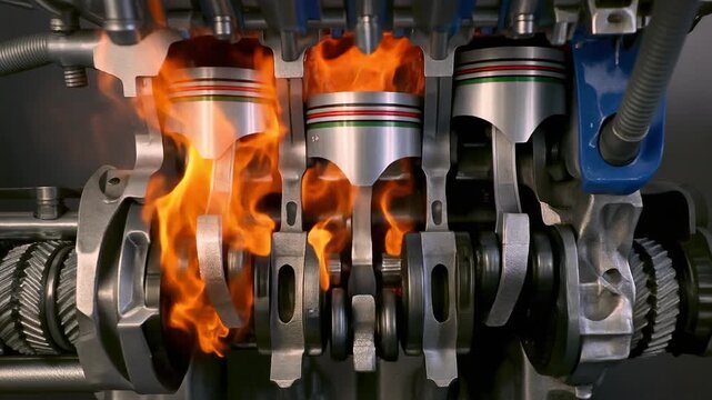 Detailed Cutaway View of Internal Combustion Engine Piston Movement and Combustion