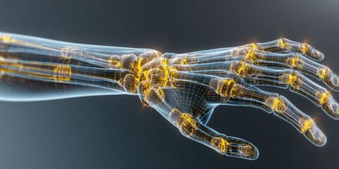 Futuristic Digital Scan of Human Hand Skeleton.