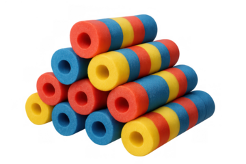 Colorful foam tubes stacking in a pyramid formation, representing childhood play, swimming, and summer fun
