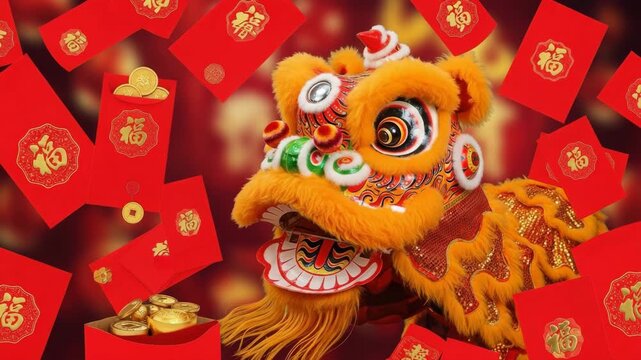 Vibrant lion dance head surrounded by red envelopes and gold coins on a festive background