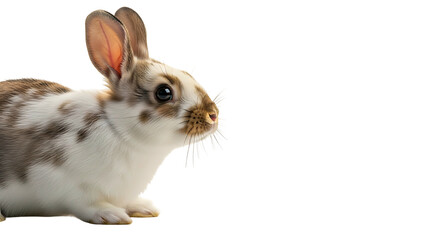 Adorable rabbit with spotted fur looking attentively at something.