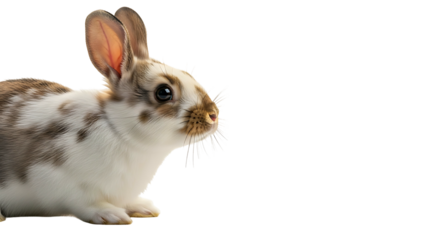 Adorable rabbit with spotted fur looking attentively at something.