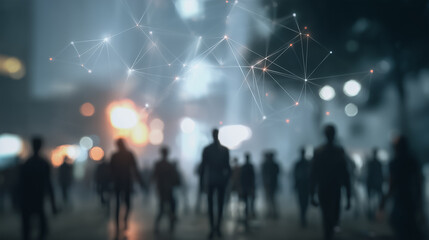 Abstract illustration of connected network and people walking, exploring the concepts of network, technology, and social connection. Capturing the essence of futuristic urban landscape.