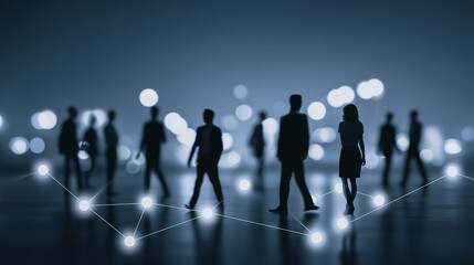 A collective of silhouettes representing business professionals and colleagues, networked in digital sphere, navigating through a luminous network of connection and potential.