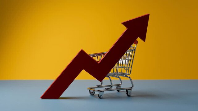 A shopping cart is shown with a large upward arrow against a bright yellow backdrop, illustrating growth and success in the retail industry. This captures the positive trend of consumer behavior