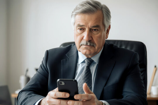 Middle aged businessman looking at camera working holding smartphone. Mature 45 years old business man executive, business owner or entrepreneur sitting at desk using mobile cell phone. Portrait.