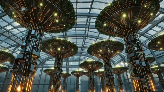 Futuristic bio-domes with glowing artificial trees under glass ceiling