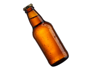 Angled Brown Beer Bottle with Condensation Drops, Beverage Cutout